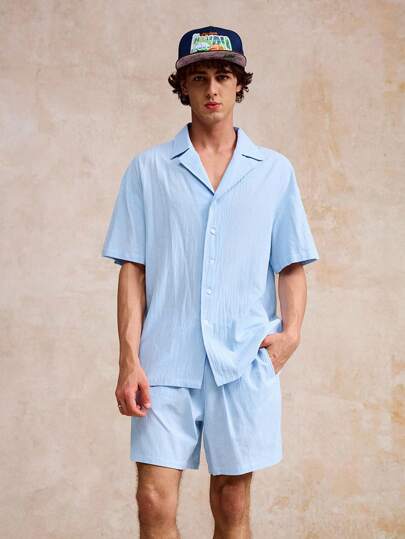 Surfspeed Herr enfärgad strandoutfit med kavajkrage, kortärmad skjorta och shorts