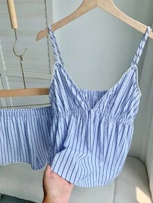 Comfortcana Casual Vacation Striped V-Neck Ruffle Camisole And Shorts 2 Pieces Set Striped Set Beach Women Summer Sets - Blue - View 5
