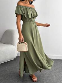 EURMUSE Petite Petite Size Holiday Ruffle Off Shoulder Dress - Army Green - View 4