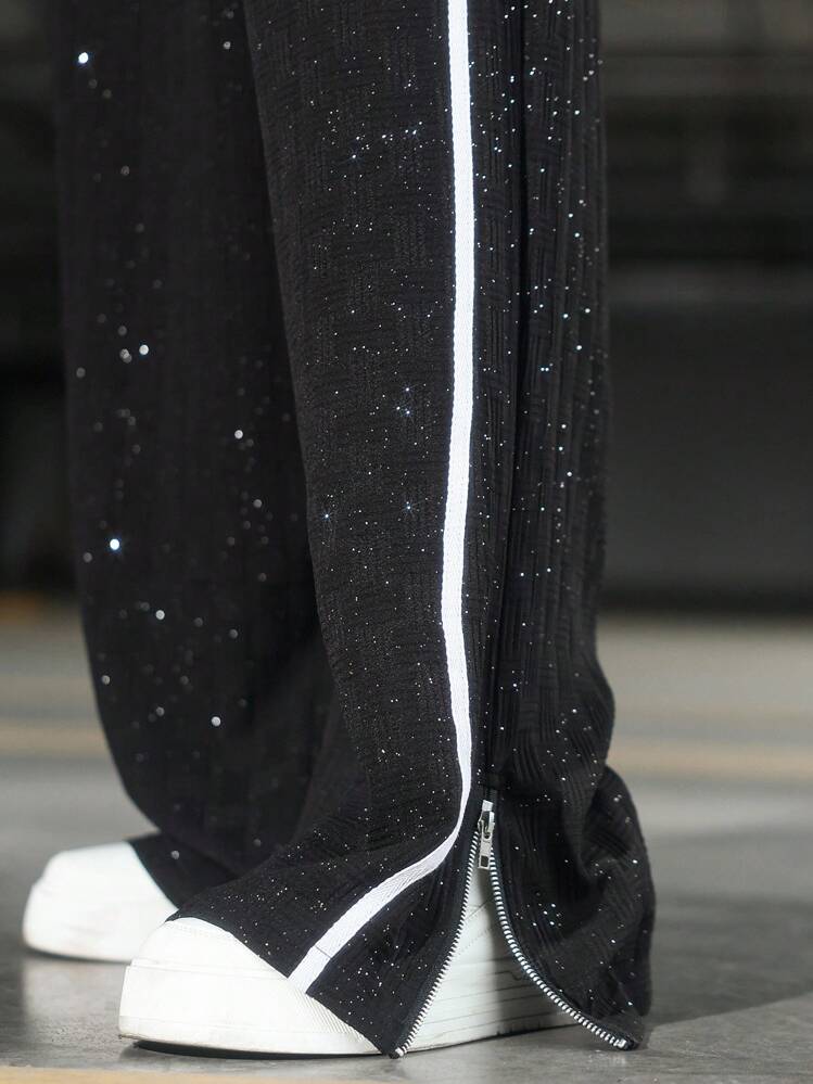 PAVTROS Manfinity Streetrush Street Textured Glitter Men's Pants ,Baggy Streetwear, Street Wear Pants, Y2k Men Pants, 2000s Style, Fall Wide Leg - Black - View 3
