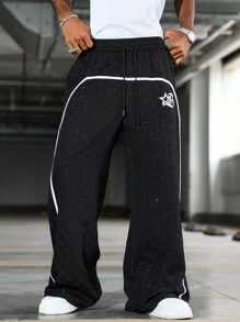 PAVTROS Quần nam họa tiết đường phố lấp lánh, quần rộng thùng thình đường phố, quần mặc đường phố, quần nam Y2k, phong cách những năm 2000, mùa thu - màu đen - Xem 6