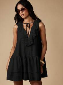 MISSGUIDED Ruffle Neckline Mini Dress With Tiered Skirt V Neck Cheesecloth Summer Beach Holiday Casual Daytime Patio Sundress - Black - View 5