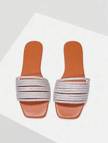 MOTF PREMIUM WOMEN'S FASHIONABLE WHITE RHINESTONE ELEGANT FLAT SANDALS - Brown - View 1