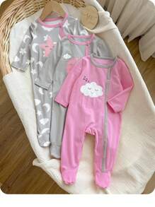 嬰兒女孩可愛印花拼色翻領裝飾長袖針織柔軟舒適家居連體褲套裝，3入組 - 灰色 - 查看 1