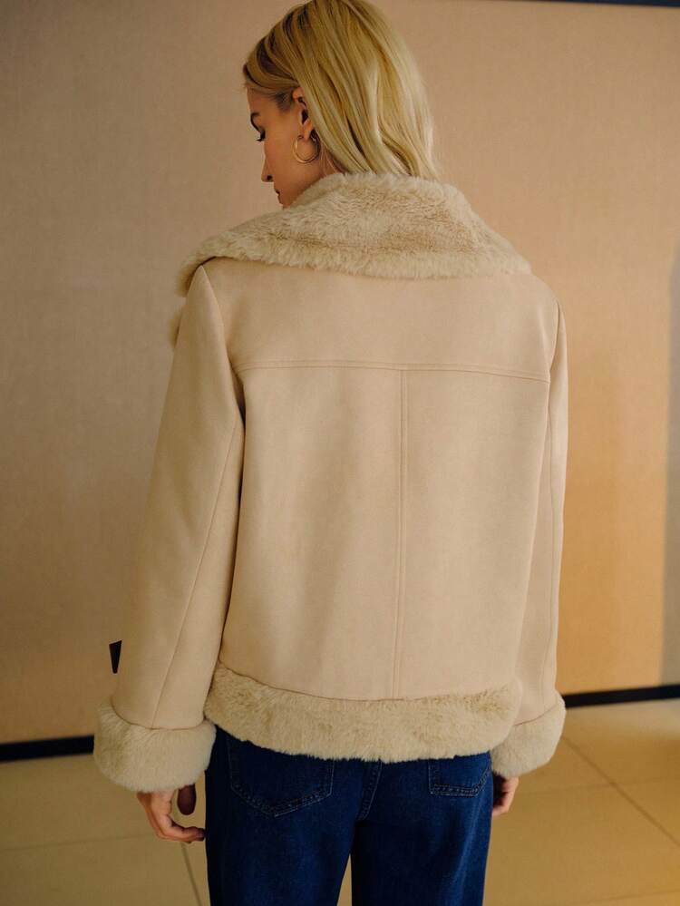 CHIC FAUX FUR COLOR BLOCK LAPEL SHORT COAT, AUTUMN/WINTER