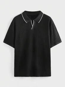 EASEVO 大码男士黑色针织短袖修身 Polo 衫，适合夏季 - 黑色 - 查看 1
