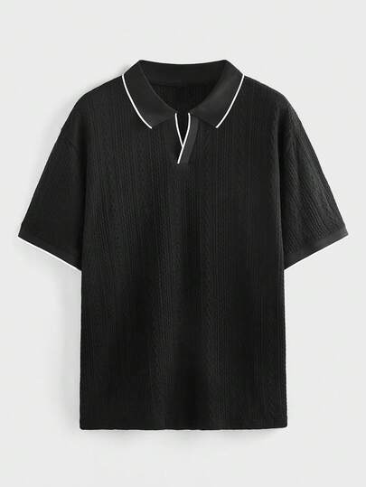 EASEVO 大码男士黑色针织短袖修身 Polo 衫，适合夏季