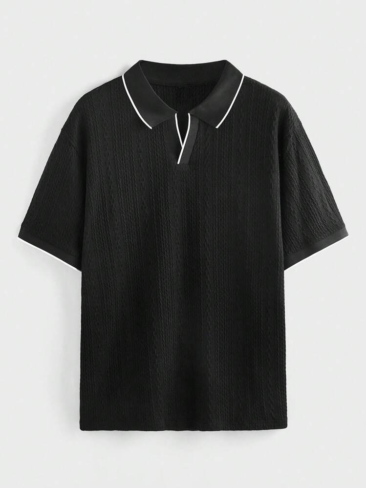 EASEVO 大码男士黑色针织短袖修身 Polo 衫，适合夏季 - 黑色 - 查看 1