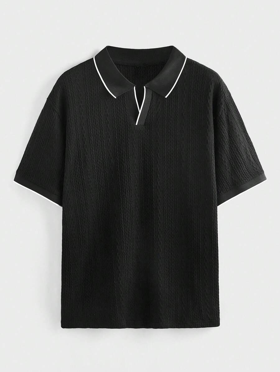EASEVO 大码男士黑色针织短袖修身 Polo 衫,适合夏季 - 黑色 - 查看 1