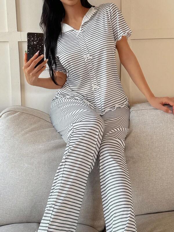 SHEIN Ensemble pyjama décontracté femme avec nœud et rayures