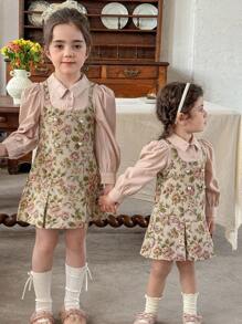SHEIN LMoss Kids LMoss Young Girl Vintage Floral 2 In 1 Long Sleeve Shirt & Dress - Multicolor - View 7