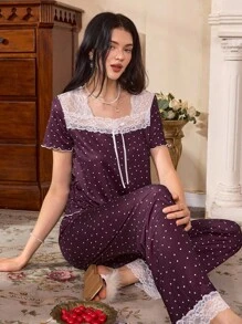 Côtesoire Casual Purple Long Pant Pajama Set With Square Neck And Short Sleeves Women Polka Dot Pajama Set Purple Pajama Set - Purple - View 4