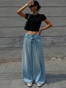 DAZY Vintage Blue Lace-Up High Waist Wide Leg Jeans For Women, Versatile - Light Wash - View 3