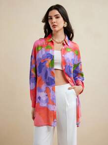 Eva Novielli Colorful Floral Printed Transparent Chiffon Long Oversized Shirt Women Summer Vacation Casual - Multicolor - View 5