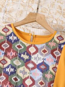 Tween Girls Yellow Geometric Print Patchwork Fringe Dress - Yellow - View 3