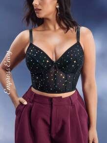 EmpressEnvy 大码黑色水钻装饰无钢圈文胸 - 黑色 - 查看 1