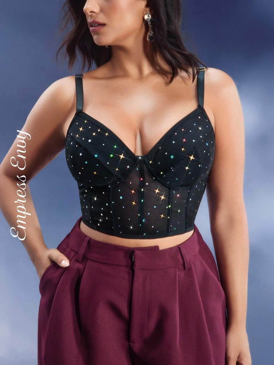 EmpressEnvy 大码黑色水钻装饰无钢圈文胸 - 黑色 - 查看 1