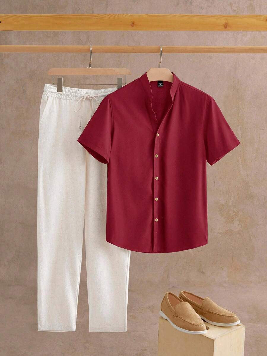 HIMLAND 2pcs/Set Men's Fitted Turndown Collar Short Sleeve Casual Woven Shirt & Pants Set, Old Money - Burgundy - View 1