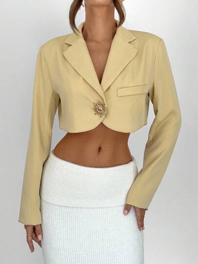 Siren Gaze Old Money Style Yellow Fall Women Back To School Winter For Women Teacher For Women Business Casual Woman Yellow Suit Truncated Long-Sleeved Sunflower Metal Button Loose Suit Jacket Women's Lapel Neck Long Sleeve Metal Sun Decor Cropped Fashionable Blazer
