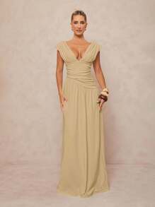 Lumalex Váy thời trang gợi cảm cổ chữ V sâu màu trơn dành cho nữ - Màu Khaki - Xem 6