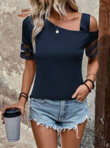 SHEIN LUNE Camiseta de manga corta con cuello asimétrico, parches de malla, para uso casual de vacaciones de las mujeres