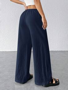 SHEIN PETITE 女士纹理简约宽松阔腿裤 - 藏蓝色 - 查看 2
