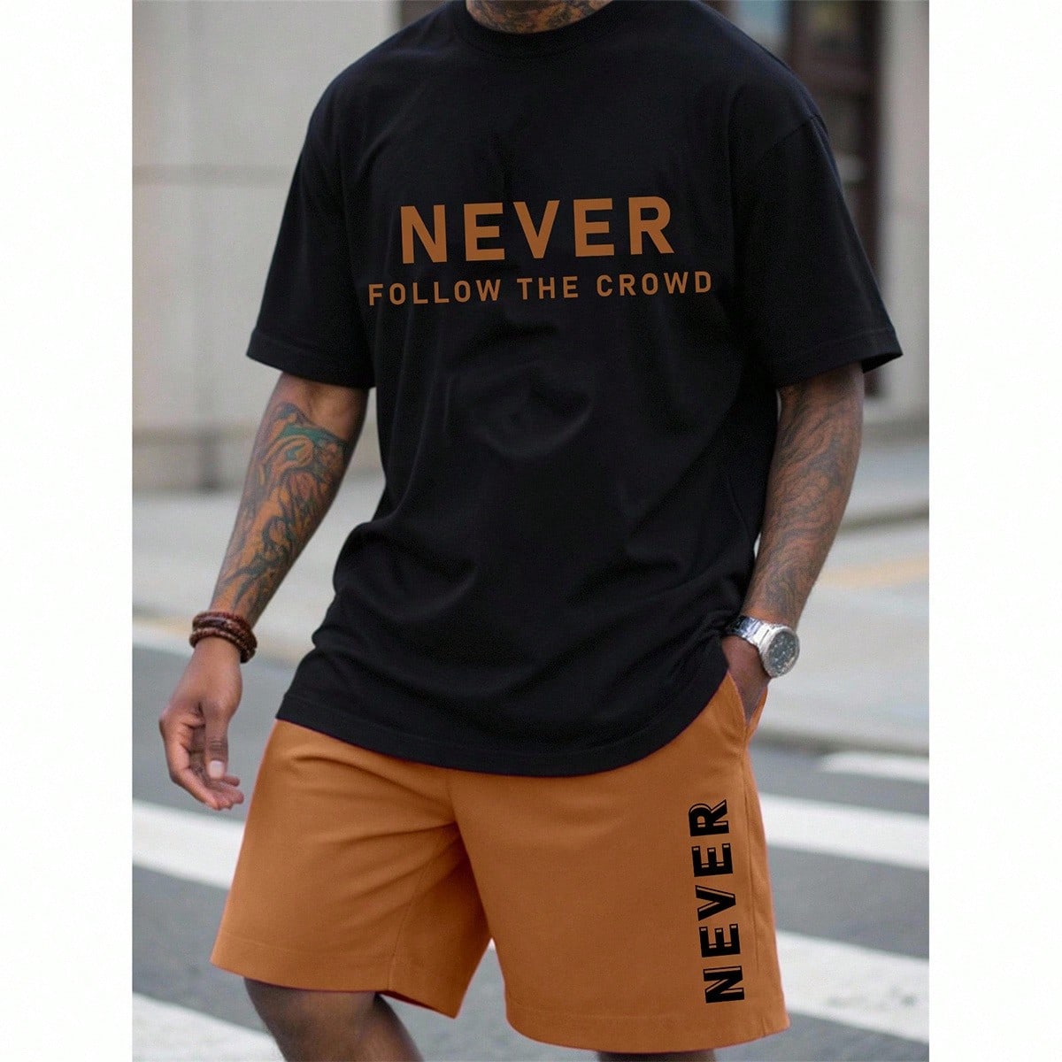 Conjunto de camiseta de manga corta con cuello redondo y estampado de letras, y pantalones cortos casuales con cordón y bolsillo en la cintura para h