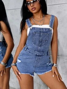 Jeanoix 女式休闲水洗做旧牛仔背带裤，夏季 - 中等水洗藍 - 查看 6