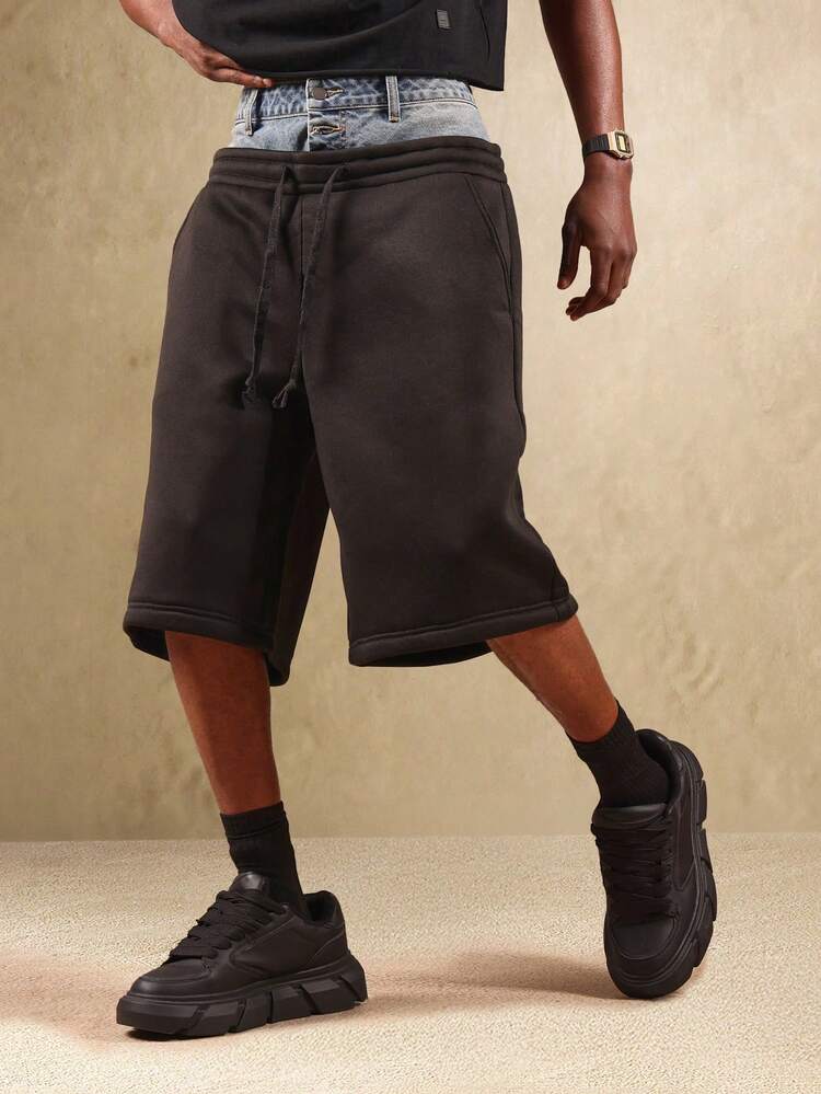 SUMWON Men Fleece Knee Length Skater Bermuda Jort Unisex Streetwear Wide Leg Drawstring Cargo Summer Long Shorts Plain