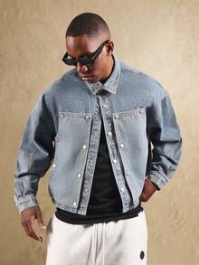 SUMWON Áo khoác denim Carpenter Trucker có túi vá phía trước, dáng rộng, cổ điển, thời trang đường phố, nhẹ, phong cách xuân thu - Màu xanh lam - Xem 1