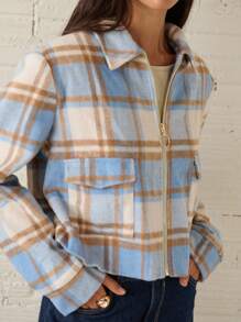 Nöista Veste courte bleue, marron et beige avec un placket à fermeture éclair en métal et un design de revers, convenant pour le printemps et l'automne.