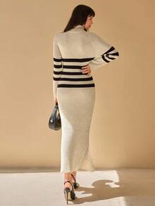 CLARA VERO Abito maglia dolcevita casual a righe nere e beige, morbido e confortevole - Bianco e nero - Visualizzare 2