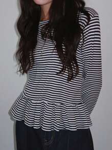DAZY Women's Striped Round Neck Long Sleeve Peplum Hem T-Shirt,Fall Women Clothes - Black - View 5