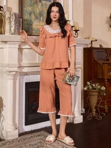 French Elegant Lace Patchwork Romantic Women Pajama Set - Orange - View 4