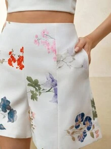 Anewsta 女士花卉印花高腰宽松休闲度假短裤 - 白色 - 查看 7