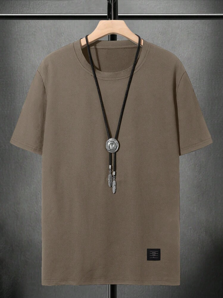 Manfinity Homme Men's Solid Color Round Neck Drop Shoulder Short Sleeve Casual Loose T-Shirt, Summer - Brown - View 2