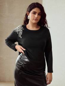 MOTF PREMIUM 大码人造珍珠和亮片串珠细节长袖修身T恤 - 黑色 - 查看 4