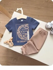 2 件套男婴可爱狮子图案短袖 T 恤和裤子套装，舒适休闲时尚服装适合春夏季室内、户外、日常穿着、运动、玩耍、派对、拍照、度假、节日 - 棕色 - 查看 8