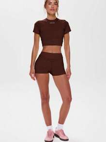Musera Sport 圆领短袖修身上衣，适合运动、健身、健身房、板式网球、网球、匹克球、瑜伽、普拉提等运动，日常休闲夏季穿着 - 棕色 - 查看 4