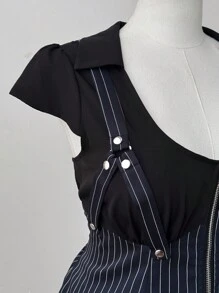 Flirla 大码女式时尚条纹二合一吊带修身衬衫