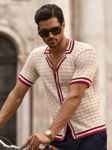 Manfinity VCAY Camisa de punto de manga corta para hombre, cuello polo, perforada de dos colores, suéter ajustado de moda personalizado, camisas de ganchillo para hombre, camisa de punto para hombre, camisa retro para hombre, camisa de punto para hombre, camisa de resort para hombre, para otoño e invierno - Albaricoque - Ver 2