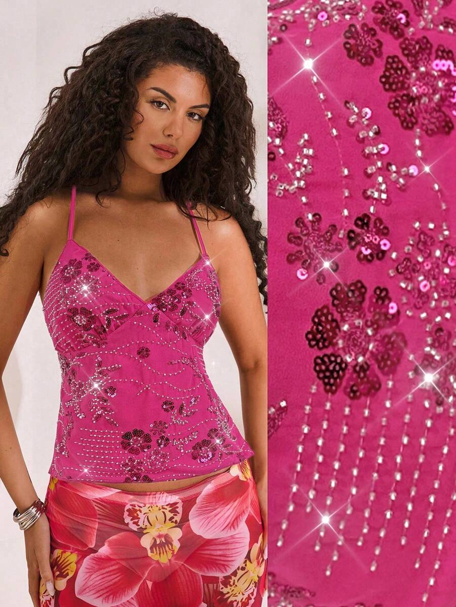 Opulessa 纯色串珠刺绣露背细肩带时尚女式背心 - 玫紅色 - 查看 1