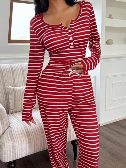 Dream Adore Front Button Gestreepte Print Long Sleeve Rood Wit Top Pants Pajama Set, Fall Clothes Cozy Elegante view 4