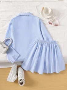 SHEIN Genkimix Kids 女童蓝色条纹长袖时尚秋冬衬衫搭配装饰松紧腰裙套装秋季