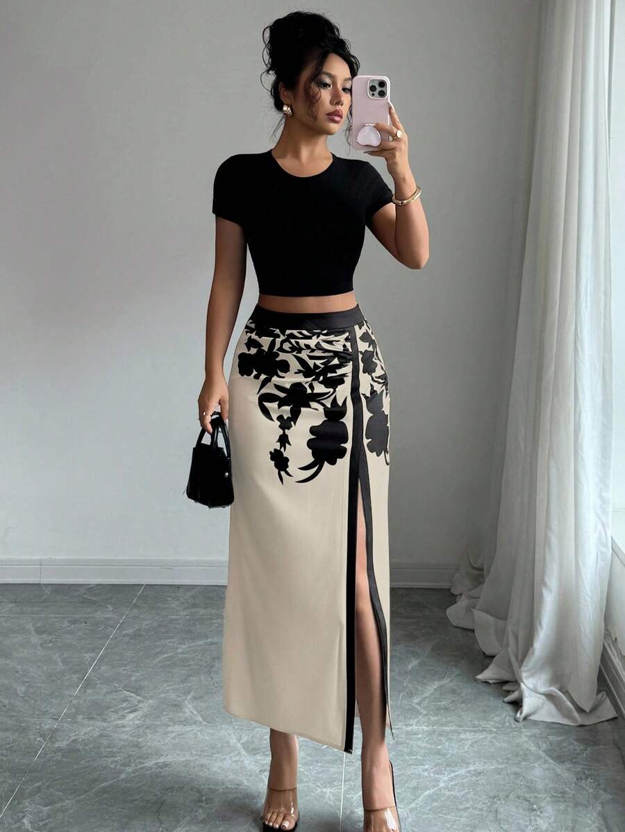 Selianne Women's Elegant Commuter Floral Print High Slit Skirt Fall Cloth For Women - Multicolor - View 1