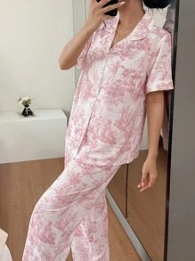 女士印花翻领短袖睡衣套装 - 淺粉色 - 查看 4