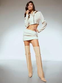 SHUZIA Women Fashion Comfortable Folded Over Over-Knee Heeled Boots With Lock Decor - Beige - View 3