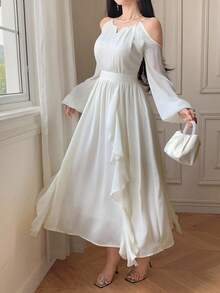DAZY Vestido de mujer de unicolor con cuello redondo, volantes y hombros abiertos de largo medio, para primavera/verano y otoño, vestido de manga larga y vestido de verano - Beis - Ver 5