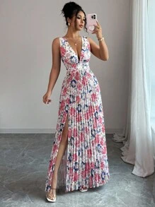 Elenzga Vestido maxi con cuello en V profundo, sin mangas y con volantes con estampado floral para mujer - Multicolor - Ver 1