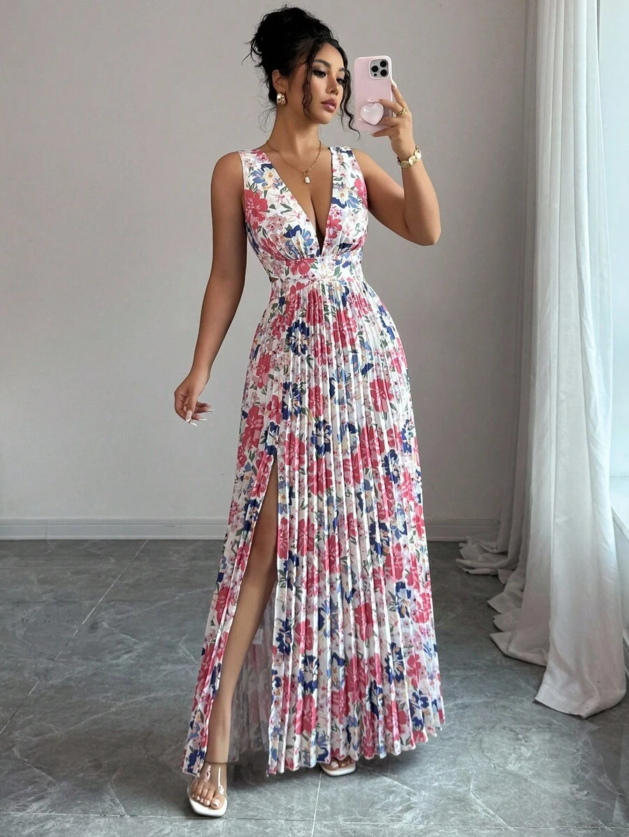 Elenzga Vestido maxi con cuello en V profundo, sin mangas y con volantes con estampado floral para mujer - Multicolor - Ver 1